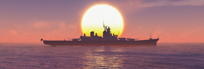 sunset and military boat