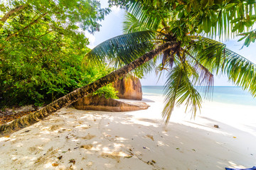 Wunderschöner, abgelegener Strand auf Praslin, Seychellen, 