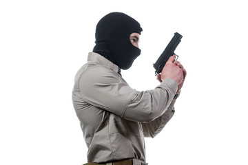 Military Man With Mask Holding Gun White Background