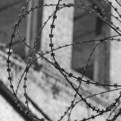 Black and white photo of barbed wire on the fence of an abandoned building