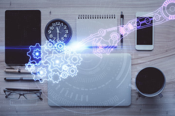 Fototapeta premium Multi exposure of technology theme drawing over work table desktop. Top view. Global data analysis concept.