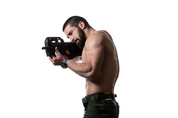 Bodybuilder Warrior With Gun on a White Background