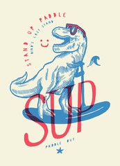 T-rex SUP t-shirt print. Stand Up Paddle dinosaur tropical vacation vector illustration.