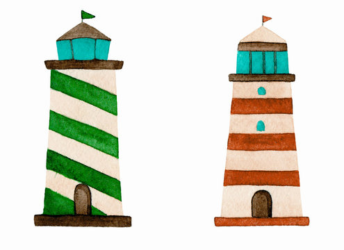 lighthouses green red watercolor for kid sea