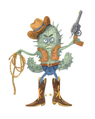 Watercolor illustration of a manly cactus cowboy character.  He is angry. He has a rope and a gun. He wears a leather vest, high boots, jeans, a belt and a cowboy hat. Isolated on white background.
