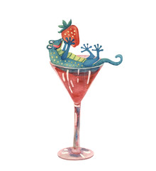 A cute turquoise gecko lying in a cocktail glass with a strawberry. It's happy and wants to eat the berry. Vector hand drawn illustration isolated on white background.