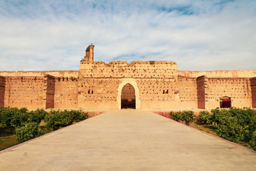 Imposing fortress walls of Badii Palace in Marrakech