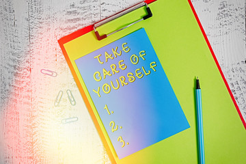 Conceptual hand writing showing Take Care Of Yourself. Concept meaning a polite way of ending a...
