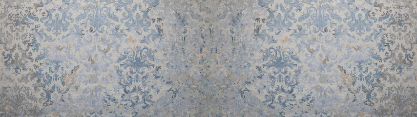 Fototapeta Old gray blue vintage shabby patchwork motif tiles stone concrete cement wall texture background banner	
 obraz