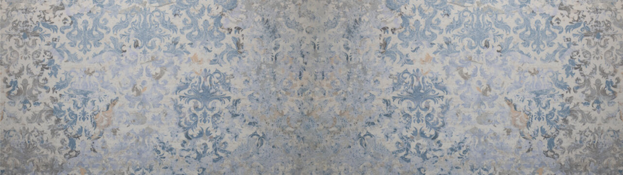 Fototapeta Old gray blue vintage shabby patchwork motif tiles stone concrete cement wall texture background banner  