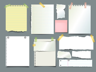 Set of notebook torn pages stuck with sticky tape on dark background. Ripped paper pieces for notes. Vector illustration