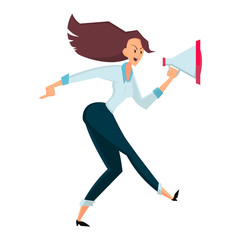 Angry businesswoman screams into the loudspeaker. Color vector illustration