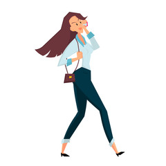 Businesswoman walking and talking on the phone. Color flat vector illustration