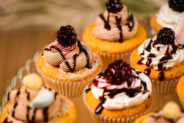 colorful cream decorated cupcakes. coffee with milk and cup cakes. blacl coffee glass and black cake plate 
