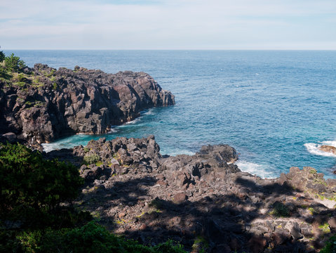 View of volcanic rocky coast and the pacific ocean in Jogasaki coast, Izu, Japan.