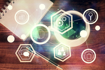 Double exposure of social network theme drawing and work table top veiw. Concept of international connection.