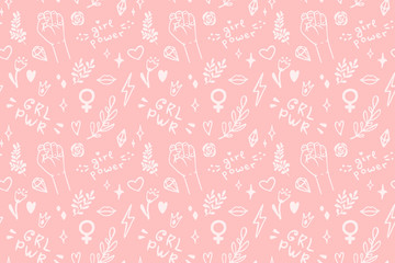 Vector seamless pattern with hand drawn elements on feminism theme: raised fist, slogans, symbol, crown, lips, hearts, branches, diamonds, sparks.
