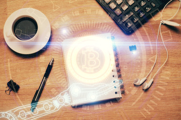 Multi exposure of crypto theme drawing and work table top veiw. Concept of blockchain technology in...