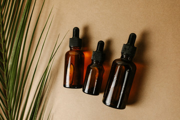 Several glass jars with pipettes with moisturizing serum on a brown background with a palm leaf....