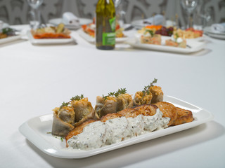 Seafood. Fish cakes and cheese rolls stuffed with fish fillet on a plate on a white background
