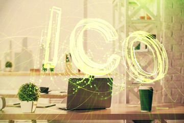 Double exposure of crypto technology theme drawing and office interior background. Concept of...