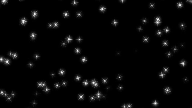 White particles in the form of stars with different transparency randomly moving on a black background, computer moving graphics mini video clip