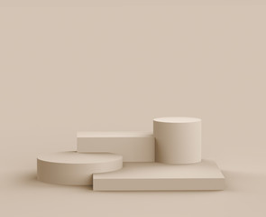 3d brown creamy stage podium modern minimal design in studio background. Abstract 3d geometric shape object illustration render. Display for cosmetic fashion product. Natural color tones.