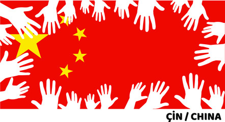 Obraz na płótnie Canvas putting hands on china flag, taking oath