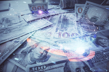 Double exposure of data theme drawing over us dollars bill background. Technology concept.