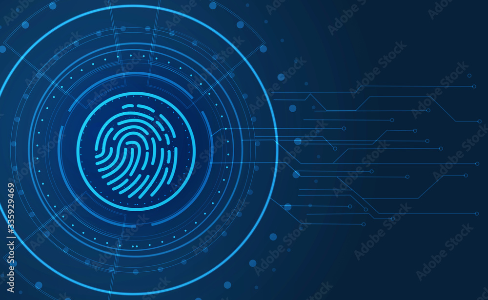 Poster cyber security concept. biometric recognition system with fingermark lock, empty space for design. i