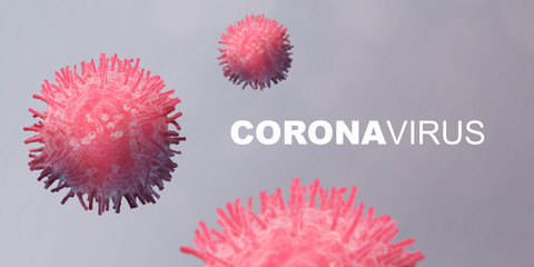 Pandemic danger. Microscopic view of contagious disease cells and word CORONAVIRUS on grey background