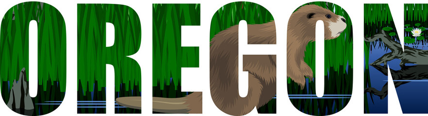  vector Oregon - American state word with Beaver