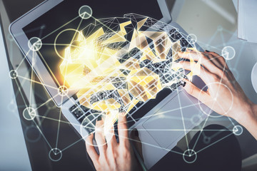 Double exposure of woman working on computer andhuman brain hologram drawing. Top View. Ai concept.