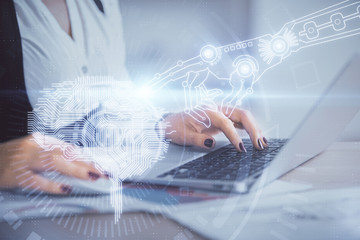 Multi exposure of woman hands working on computer and human brain hologram drawing. Ai tech concept.