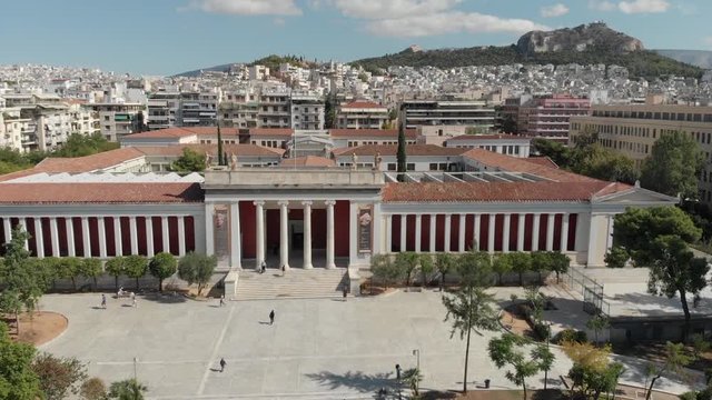 Aerial drone video of National Archaeological museum in the heart of Athens, Attica, Greece