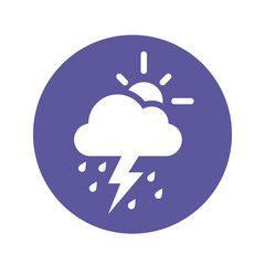 Weather pictogram. Forecast icon. Partially overcast symbol. Cloudy day with sun and thunderstorm. Rainstorm. Negative with circle background.