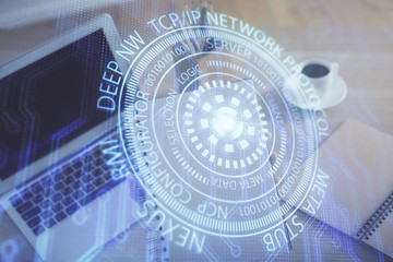 Multi exposure of woman hands working on computer and data theme hologram drawing. Tech concept.