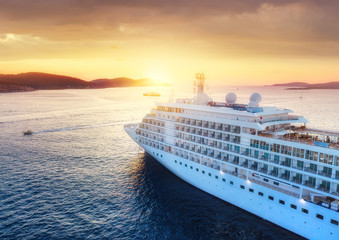 Croatia. Aerial view at the cruise ship during sunset. Adventure and travel. Landscape with cruise liner on Adriatic sea. Luxury cruise. Travel - image