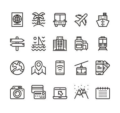 Travel tourism holiday line isolated icon set collection. Vector flat graphic design cartoon illustration