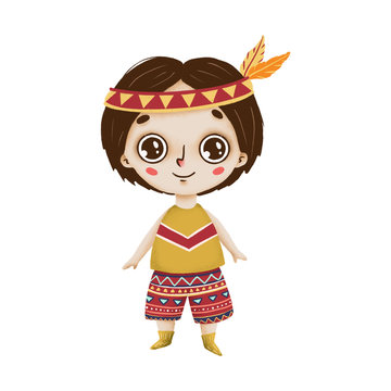 Cute boho boy with big eyes and feathers in a primitive style on a white background