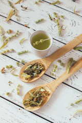 Natural organic herbal green tea in wooden spoons.