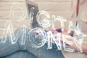 Double exposure of woman hands typing on computer and crypto market theme hologram drawing. Blockchain concept.