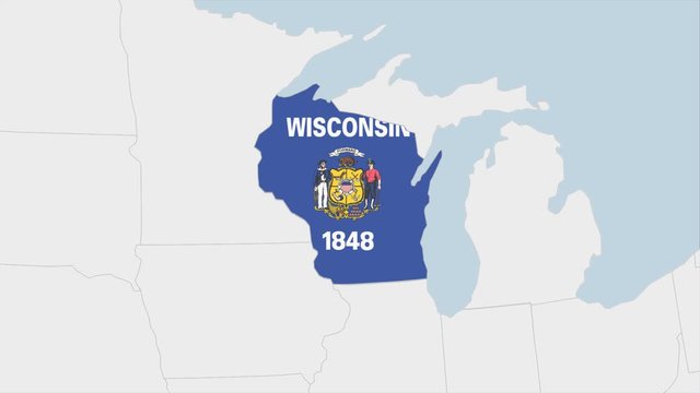 US State Wisconsin map highlighted in Wisconsin flag colors and pin of country capital Madison.
