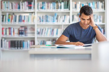 Students in a library - handsome student reading a book for his class in a bright modern library