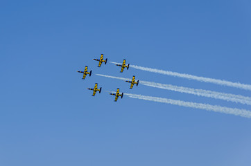 Formation of aircrafts, flying above the clouds