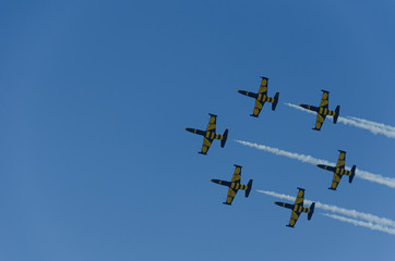 Formation of aircrafts, flying above the clouds