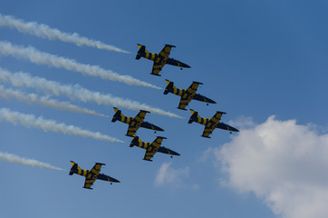 Formation of aircrafts, flying above the clouds