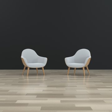 Room interior wall mock up with white fabric chairs on black chalkboard wall background with free space. 3d rendering.