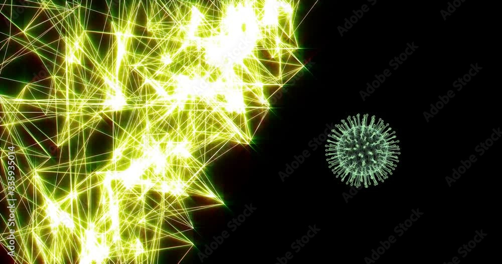 Poster 3d model coronavirus covid-19 sars-cov-2 approaching a wireframe structure glowing on dark backgroun