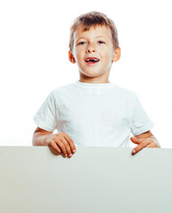 young pretty little boy wondering face gesturing, pointing isolated on white background